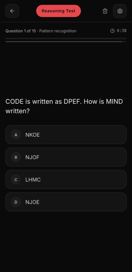 The reasoning test showing a question with four options